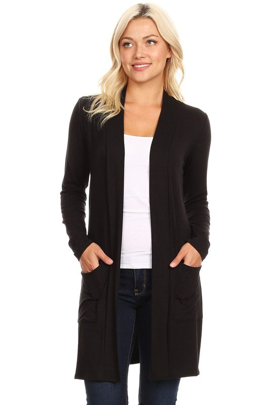 MOA Collection Loose Fit Knee-Length Duster Cardigan with Open Front & Pockets