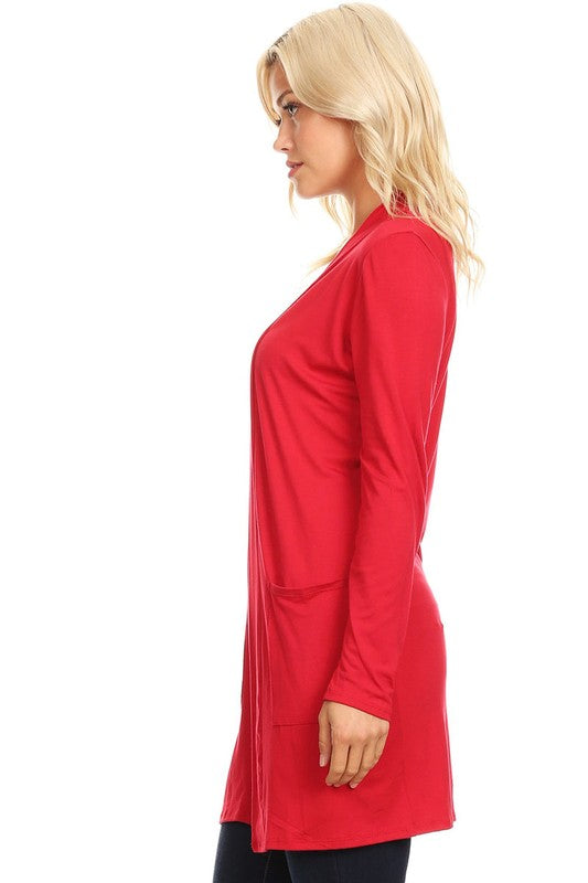 MOA Collection Loose Fit Knee-Length Duster Cardigan with Open Front & Pockets