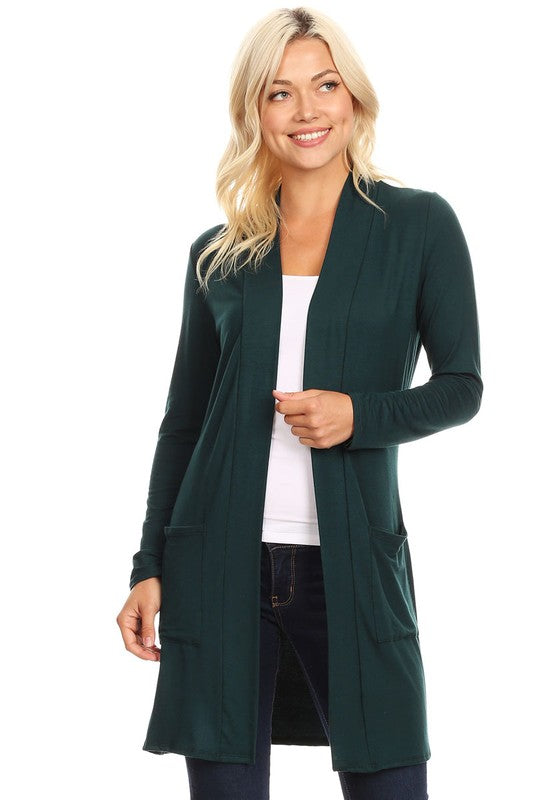 MOA Collection Loose Fit Knee-Length Duster Cardigan with Open Front & Pockets