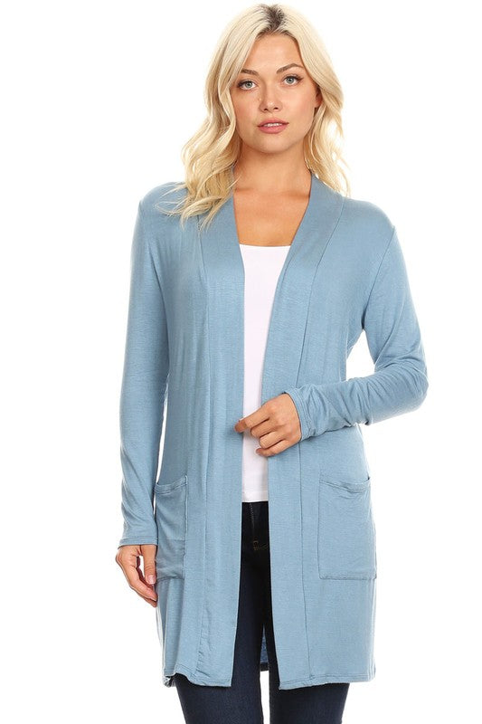 MOA Collection Loose Fit Knee-Length Duster Cardigan with Open Front & Pockets