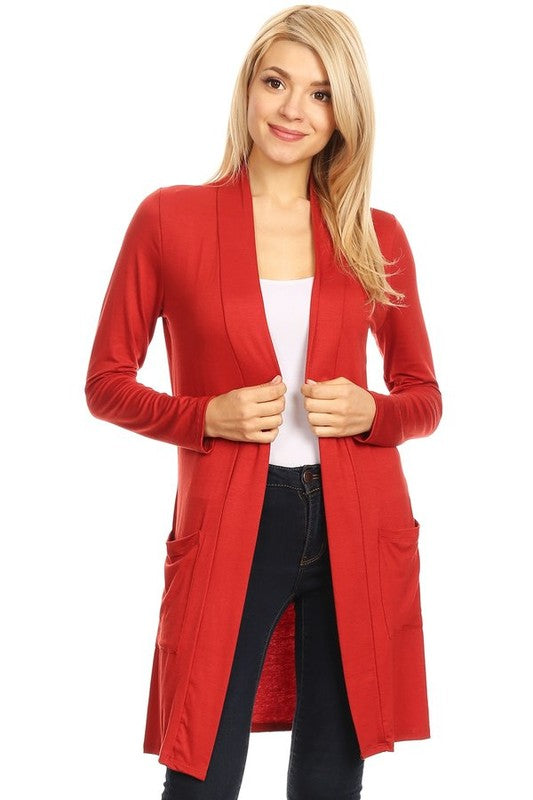 MOA Collection Loose Fit Knee-Length Duster Cardigan with Open Front & Pockets