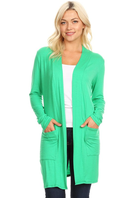 MOA Collection Loose Fit Knee-Length Duster Cardigan with Open Front & Pockets