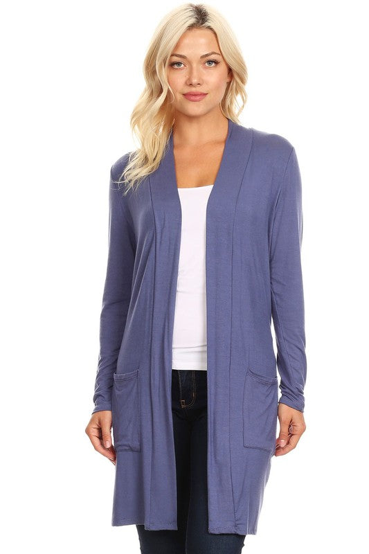 MOA Collection Loose Fit Knee-Length Duster Cardigan with Open Front & Pockets
