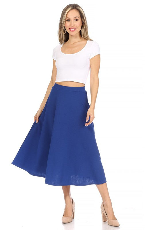 Solid High Waisted A-Line Midi Skirt with Elastic Waist - Elegant and Comfortable