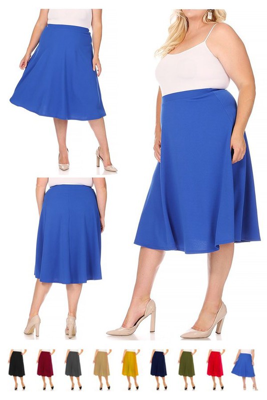 Solid High Waisted A-Line Midi Skirt with Elastic Waist - Elegant and Comfortable