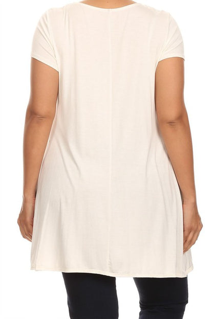 MOA Short Sleeve Tunic Top with Side Pockets - Loose Fit Solid
