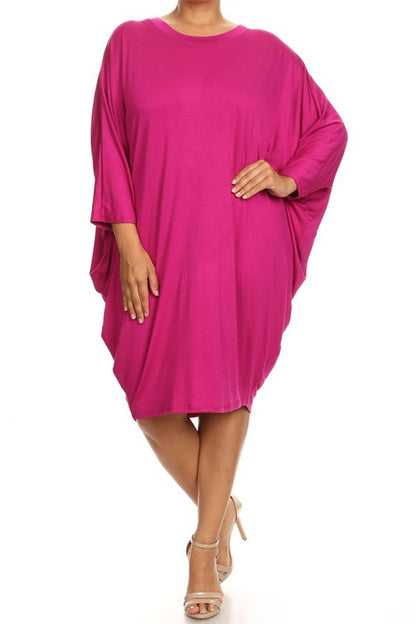MOA Solid 3/4 Sleeve Midi Dress with Round Neckline