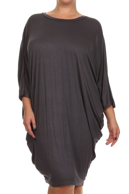 MOA Solid 3/4 Sleeve Midi Dress with Round Neckline