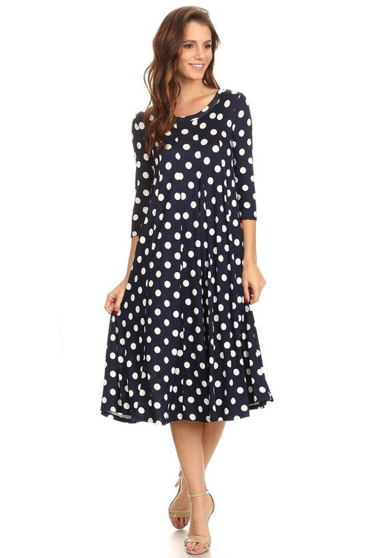Polka Dot A-Line Midi Dress - Stylish and Flattering with 3/4 Sleeves