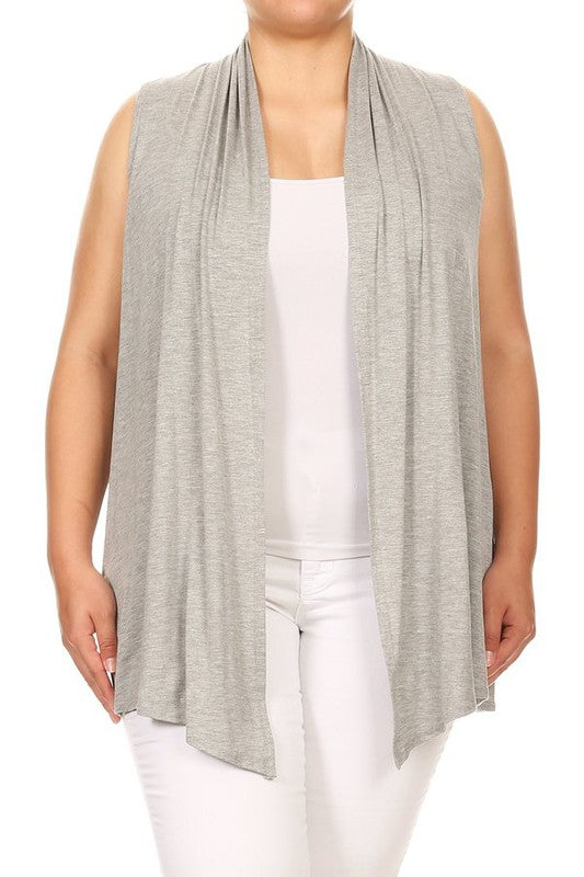 Solid Open Front Vest - Loose Fit, Long Body, Draped Neck, Asymmetrical Hem