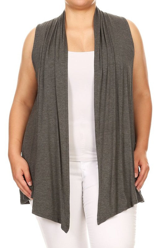 Solid Open Front Vest - Loose Fit, Long Body, Draped Neck, Asymmetrical Hem