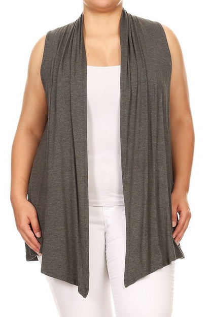Solid Open Front Vest - Loose Fit, Long Body, Draped Neck, Asymmetrical Hem