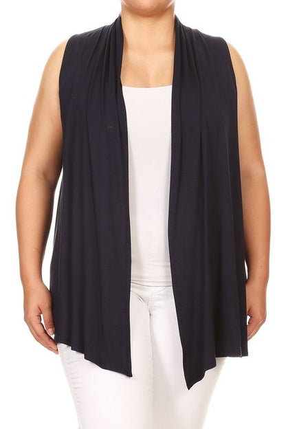 Solid Open Front Vest - Loose Fit, Long Body, Draped Neck, Asymmetrical Hem