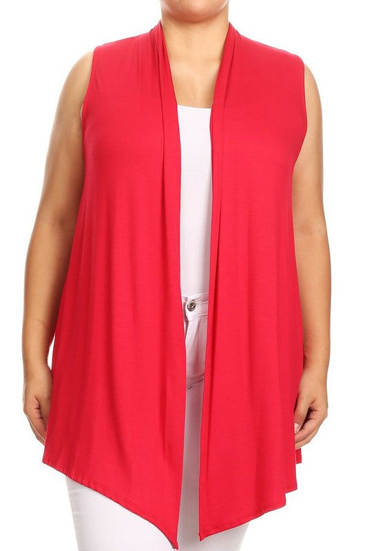 Solid Open Front Vest - Loose Fit, Long Body, Draped Neck, Asymmetrical Hem