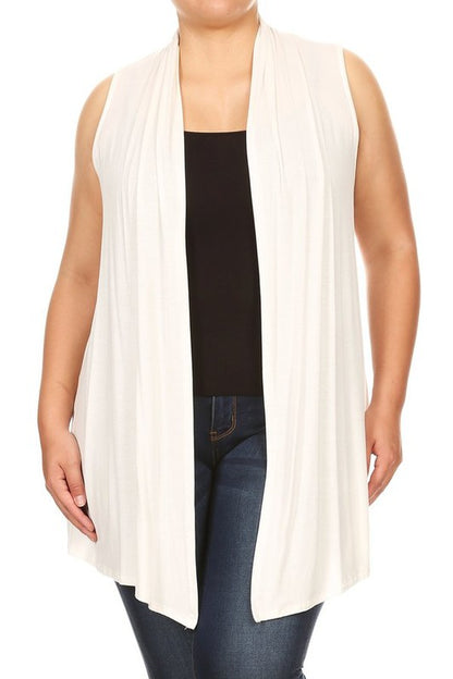 Solid Open Front Vest - Loose Fit, Long Body, Draped Neck, Asymmetrical Hem