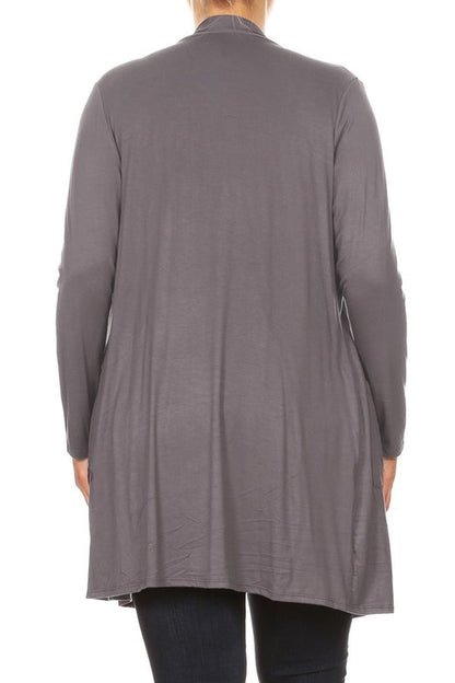 Plus Size Loose Fit Knee Length Duster Cardigan - Open Front, Long Sleeves, Side Pockets