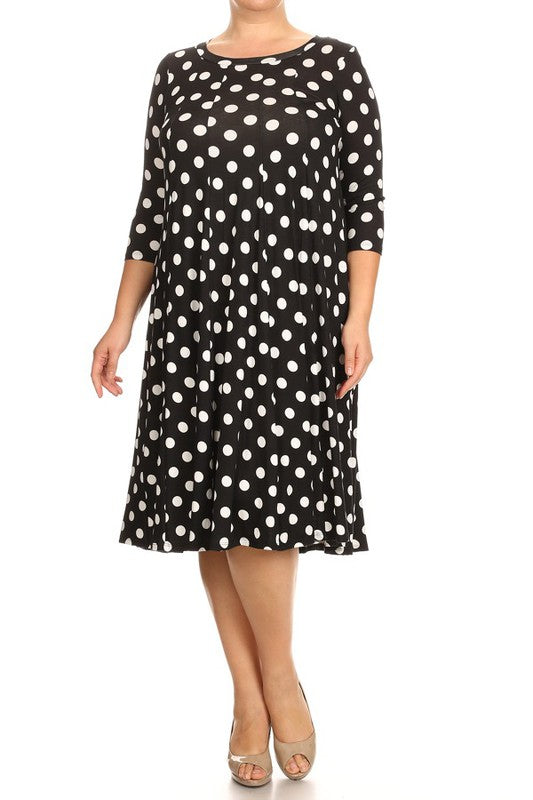 Polka Dot Midi Dress - Relaxed Fit, A-Line, 3/4 Sleeves