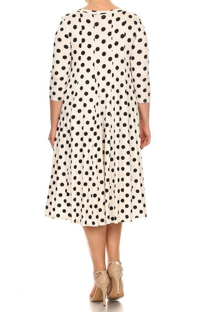 Polka Dot Midi Dress - Relaxed Fit, A-Line, 3/4 Sleeves