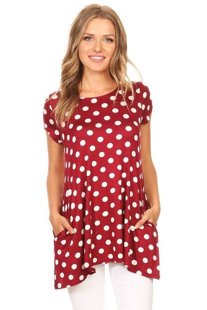 MOA Collection Polka Dot Printed Tunic Top with Short Sleeves and Waist Pockets