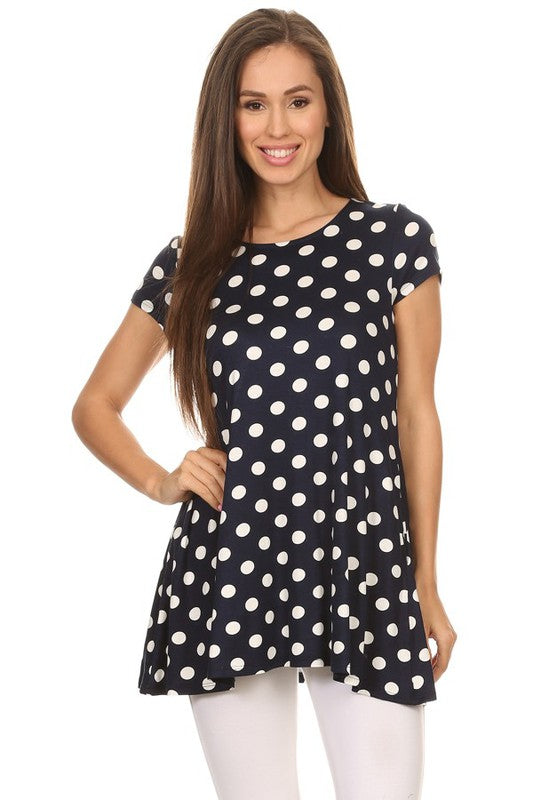 MOA Collection Polka Dot Printed Tunic Top with Short Sleeves and Waist Pockets