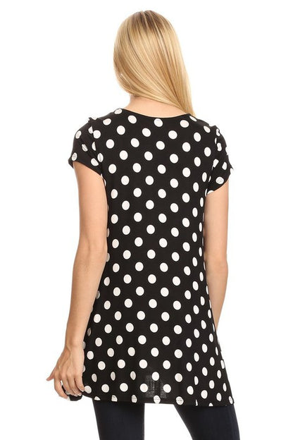 MOA Collection Polka Dot Printed Tunic Top with Short Sleeves and Waist Pockets