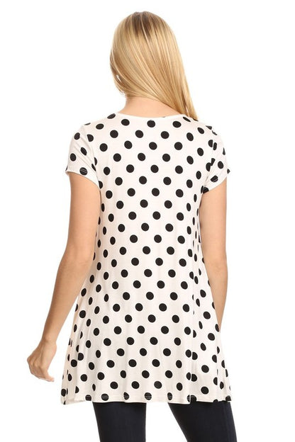 MOA Collection Polka Dot Printed Tunic Top with Short Sleeves and Waist Pockets