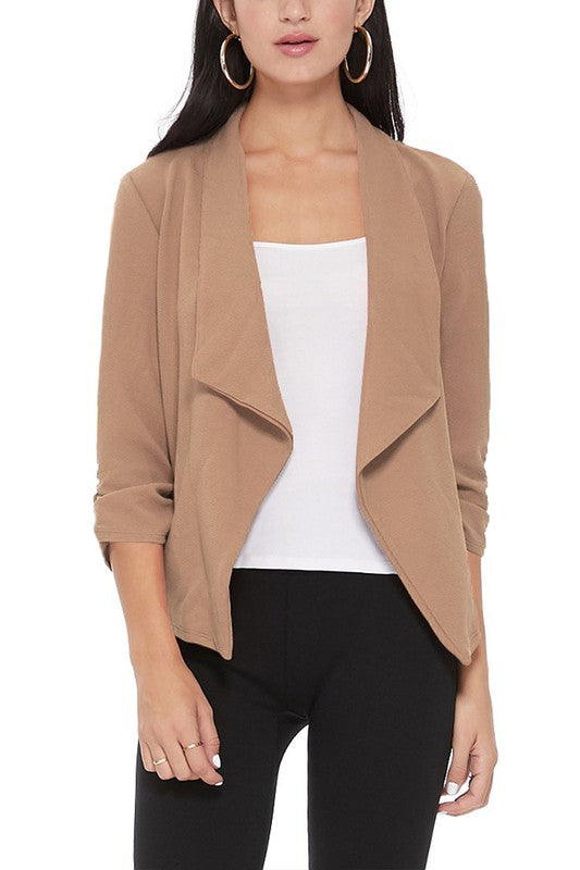MOA Collection Solid Waist-Length Blazer Jacket with Ruched 3/4 Sleeves