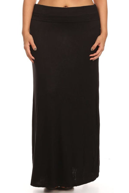 Solid High Waisted A-Line Maxi Skirt Plus Size Loose Fit with Foldable Waistband