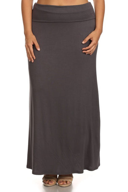 Solid High Waisted A-Line Maxi Skirt Plus Size Loose Fit with Foldable Waistband