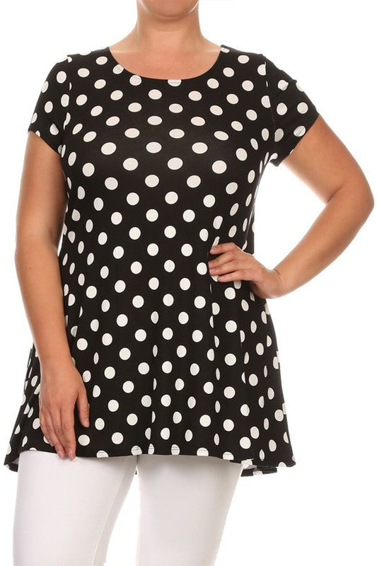 Polka Dot Tunic Top Loose Fit, Round Neck, Short Sleeves Curved Hem Side Pockets