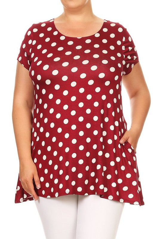 Polka Dot Tunic Top Loose Fit, Round Neck, Short Sleeves Curved Hem Side Pockets