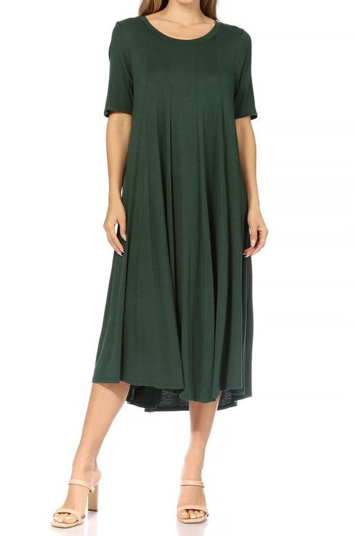 Jersey Knit Midi A-Line Dress - Plus Size, Loose Fit, Short Sleeve