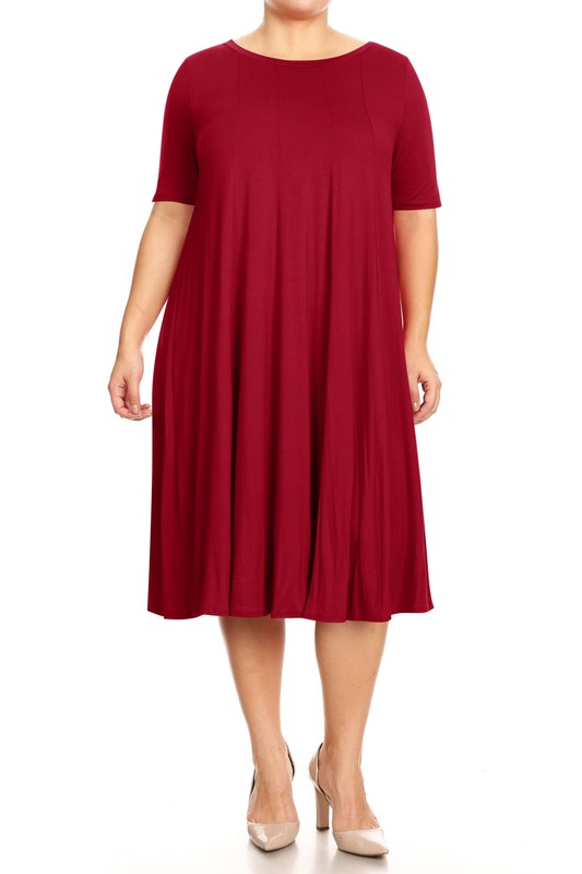 Jersey Knit Midi A-Line Dress - Plus Size, Loose Fit, Short Sleeve