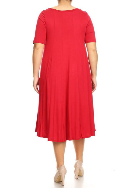 Jersey Knit Midi A-Line Dress - Plus Size, Loose Fit, Short Sleeve