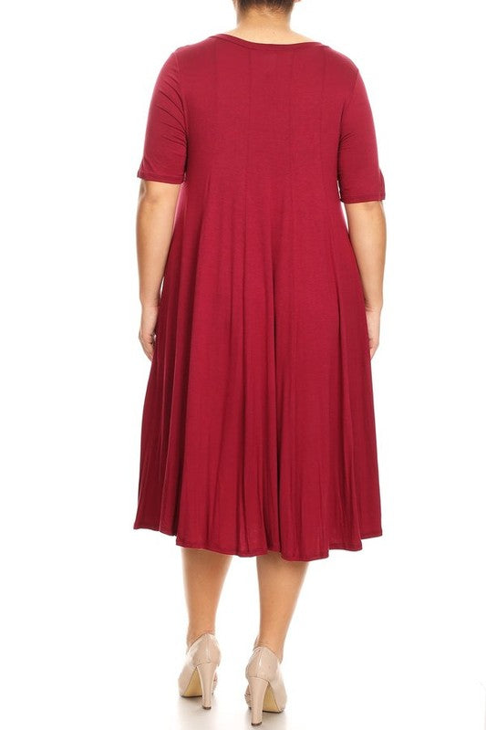 Jersey Knit Midi A-Line Dress - Plus Size, Loose Fit, Short Sleeve