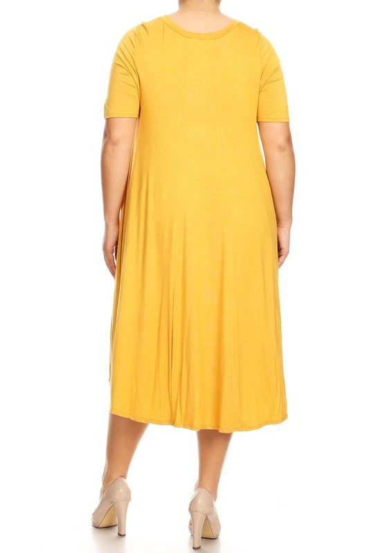 Jersey Knit Midi A-Line Dress - Plus Size, Loose Fit, Short Sleeve