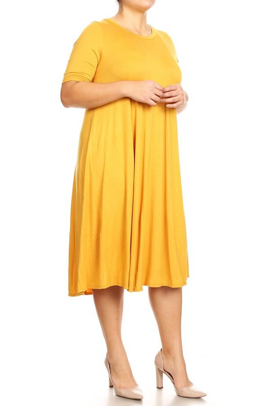 Jersey Knit Midi A-Line Dress - Plus Size, Loose Fit, Short Sleeve