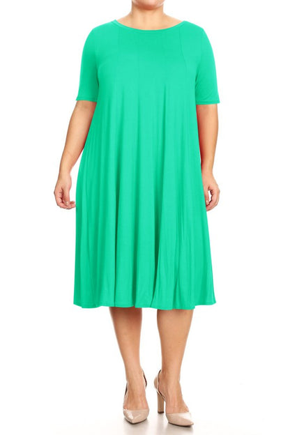 Jersey Knit Midi A-Line Dress - Plus Size, Loose Fit, Short Sleeve