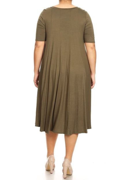 Jersey Knit Midi A-Line Dress - Plus Size, Loose Fit, Short Sleeve