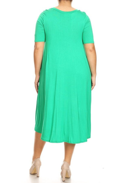 Jersey Knit Midi A-Line Dress - Plus Size, Loose Fit, Short Sleeve