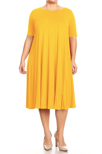 Jersey Knit Midi A-Line Dress - Plus Size, Loose Fit, Short Sleeve