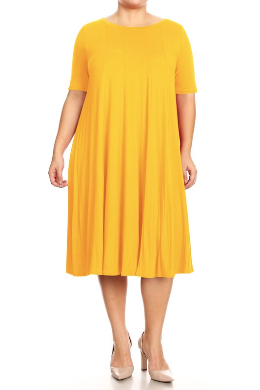 Jersey Knit Midi A-Line Dress - Plus Size, Loose Fit, Short Sleeve