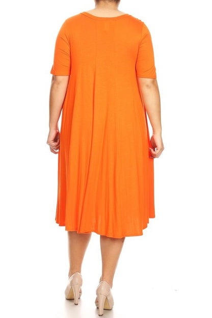 Jersey Knit Midi A-Line Dress - Plus Size, Loose Fit, Short Sleeve