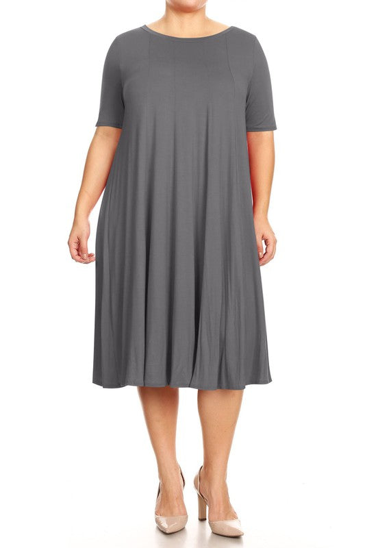 Jersey Knit Midi A-Line Dress - Plus Size, Loose Fit, Short Sleeve