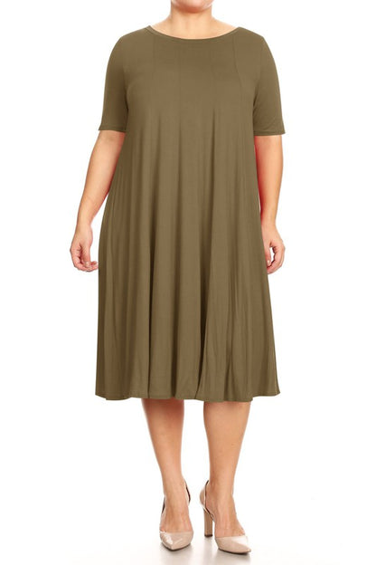 Jersey Knit Midi A-Line Dress - Plus Size, Loose Fit, Short Sleeve