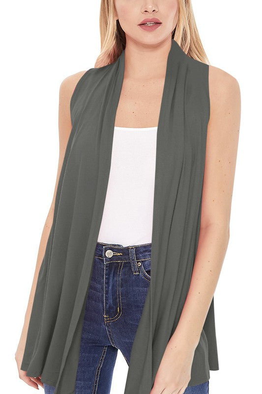 Solid Vest with Draped Neck - Loose Fit, Asymmetrical Hem