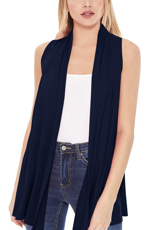 Solid Vest with Draped Neck - Loose Fit, Asymmetrical Hem