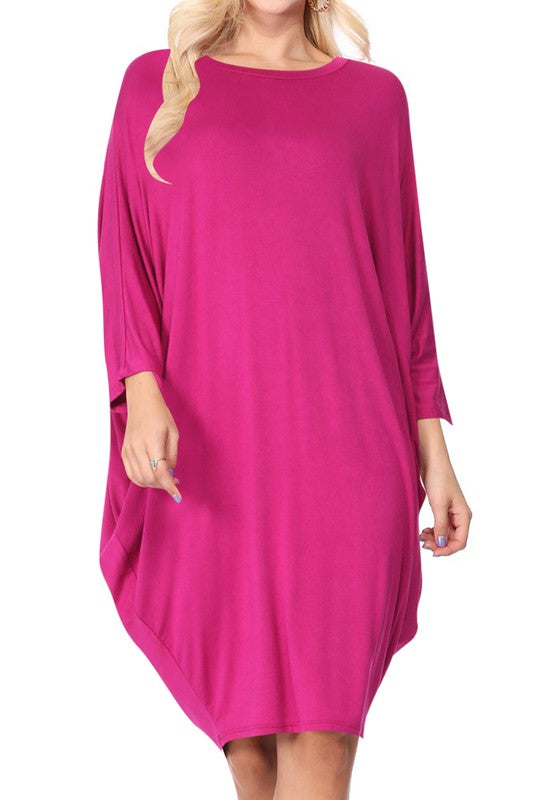 Solid Knit Dress - Crew Neck, Dolman Sleeves, Grecian Draped Sides