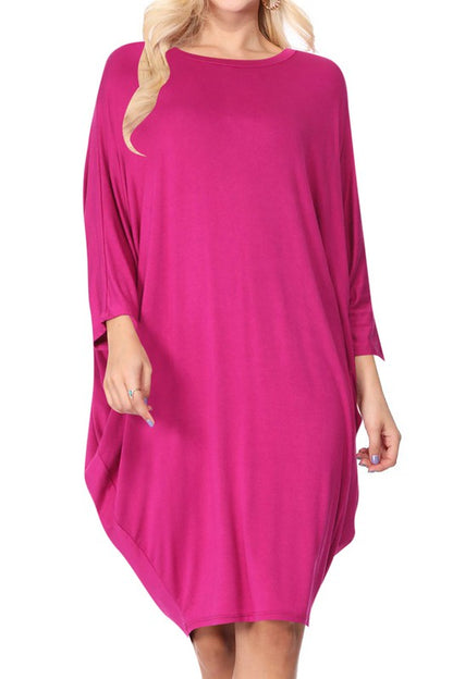 Solid Knit Dress - Crew Neck, Dolman Sleeves, Grecian Draped Sides