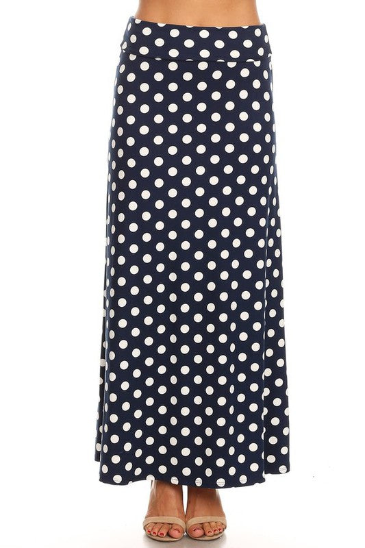 Polka Dot Maxi Length Skirt - High Waisted A-Line Maxi Skirt with Foldable Waistband